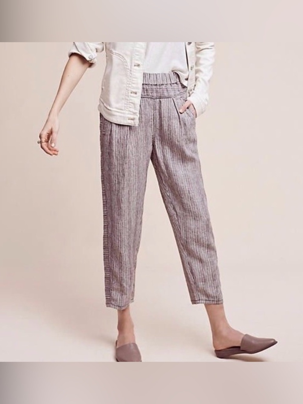 Hei Hei Anthropologie 100% Linen Striped Tapered Jogger Pants Brown White XS
